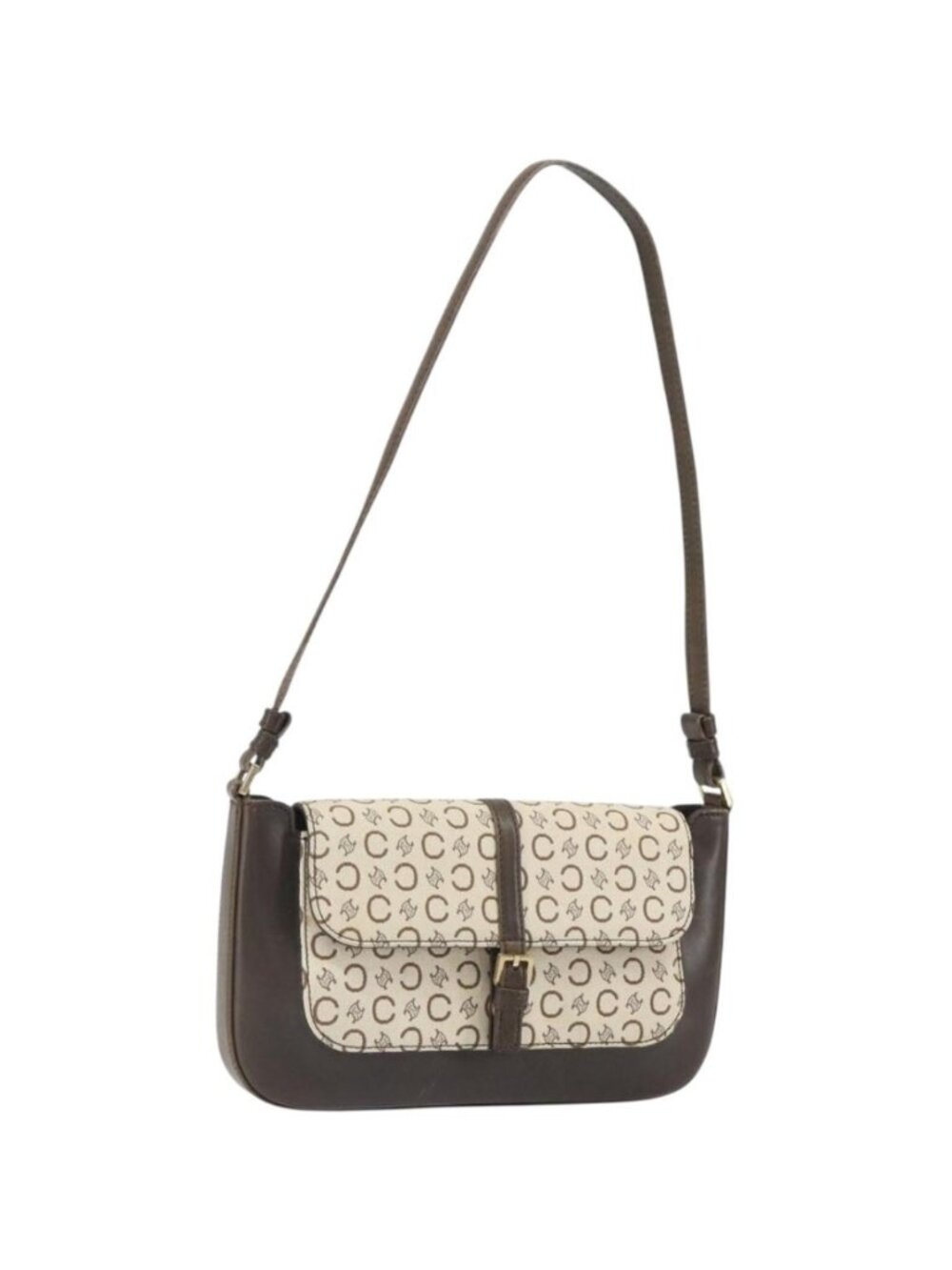CELINE C Macadam Canvas Shoulder Bag Beige Gold